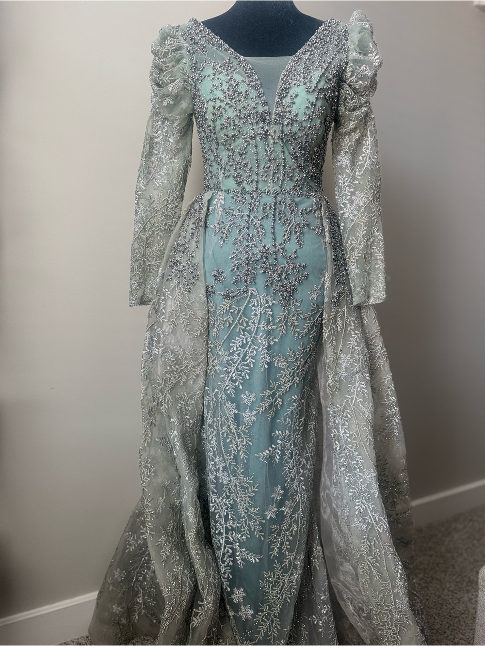 Ice Blue & Grey Embroidered Evening Gown